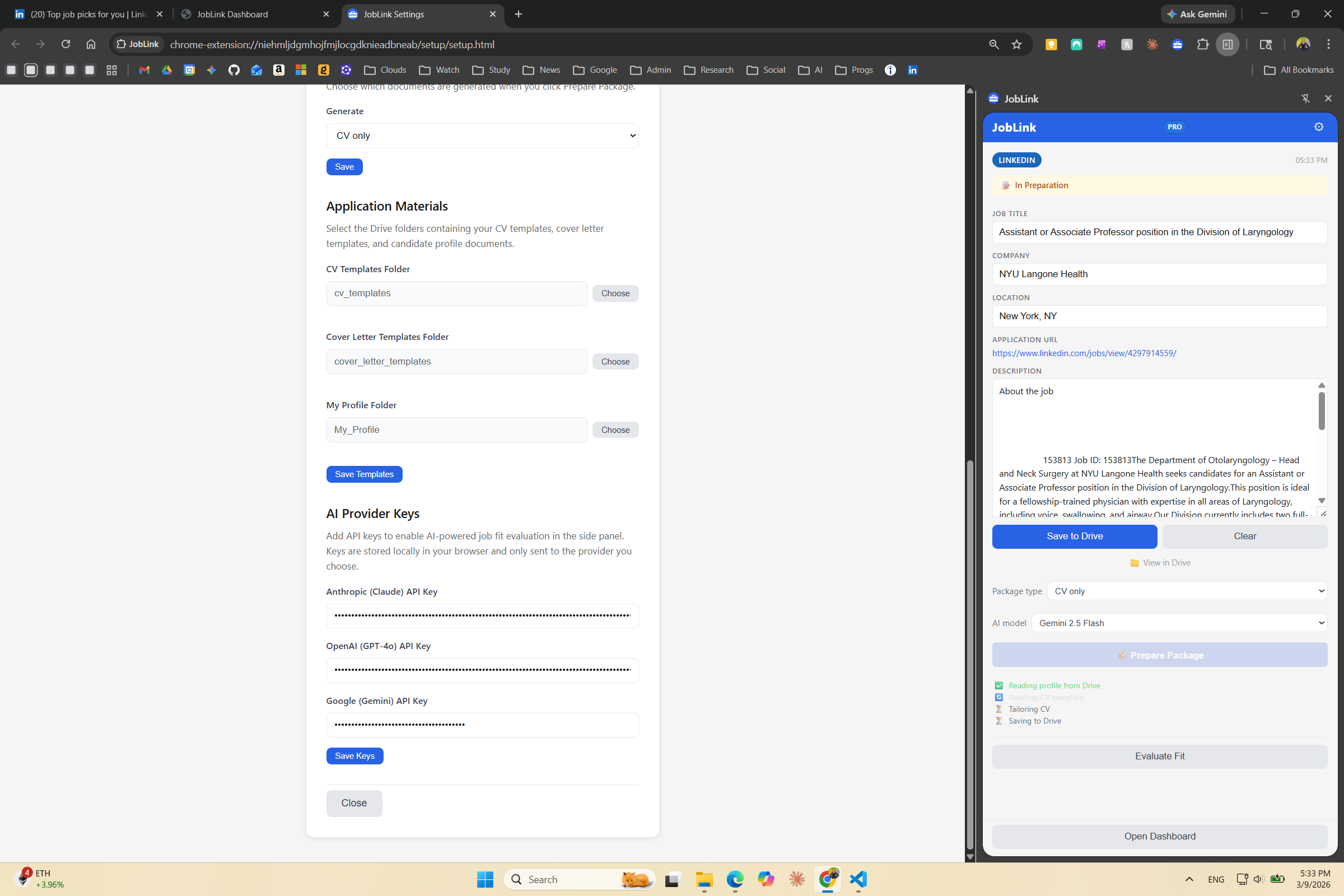 JobLink Settings and Google Drive Connection